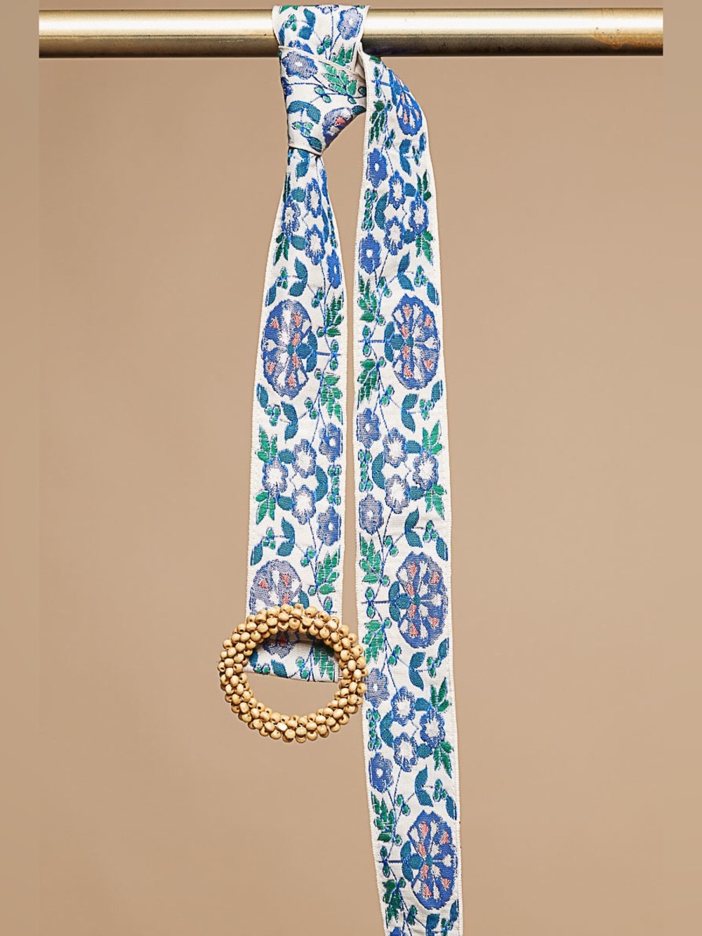 POL Blue and White Floral Belt with Beaded Buckle